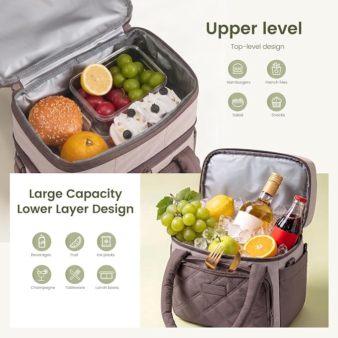 LOVEVOOK Insulated Lunch Bag Women,Expandable Double Deck Adult Lunch Box Women with Cup Holder,Bow Quilted Puffer Lunch Tote,Large Leakproof Collapsible Cooler Bag for Work College Picnic Meal Prep
