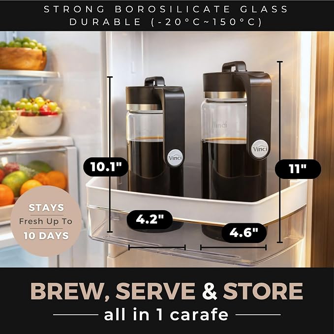 VINCI Express Cold Brew, Electric Cold Brew Coffee Maker in 10 Minutes, Glass Carafe, 3 Brew Strength Settings & Cleaning Cycle, Easy to Use & Clean 1.4 Liters Push Button Control