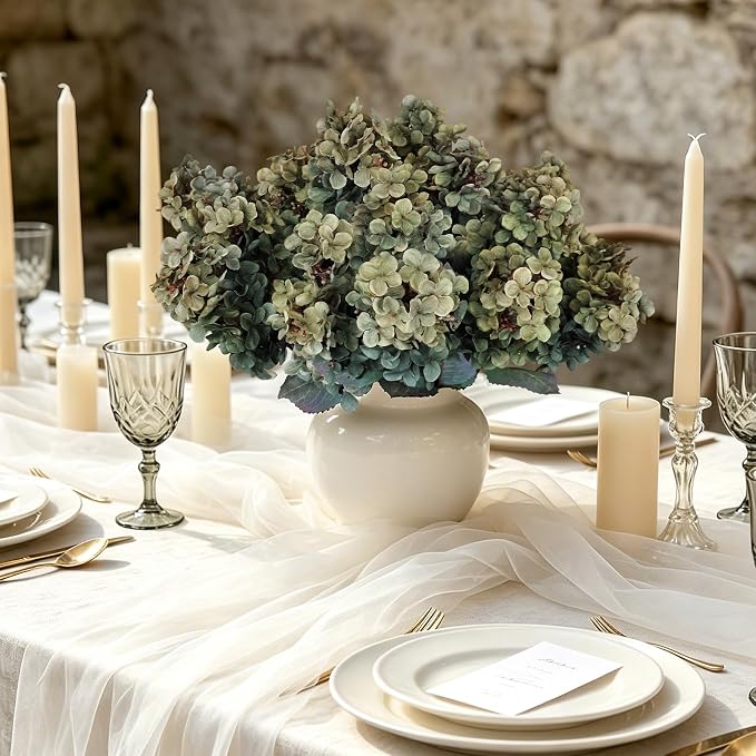 2FT Hydrangea Artificial Flowers - 10 PCS Long Stem Faux Cone Hydrangeas for Tall Vase, DIY Vintage Floral Table centerpieces for Dining Room, and Home Kitchen Decorations - Green