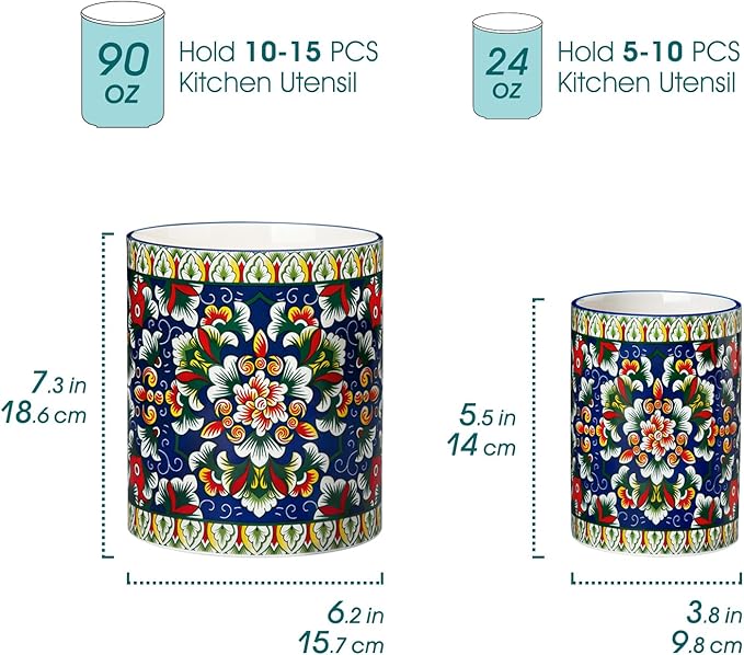 vancasso SIMI Utensil Holder, 7.3"+5.5" Porcelain Kitchen Utensil Holder for Countertop, Bohemian Kitchen Utensil Organizer for Spatulas, Spoons, Decorative Counter Utensil Crock, Verdant Jewel