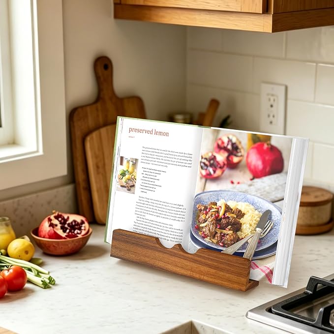 Acacia Wood Cookbook Stand Sturdy Recipe Book Holder for Kitchen Counter, Solid Wood Cook Book Stand for Thick Cookbooks, iPad & Tablets