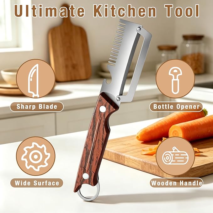 3-1 Multi-functional Vegetable Peeler, 2026 New Stainless Steel Peeler with Wooden Handle & Bottle Opener and Grater, Kitchen Tool Peeler for Peeling Fruits and Shredding Scallions