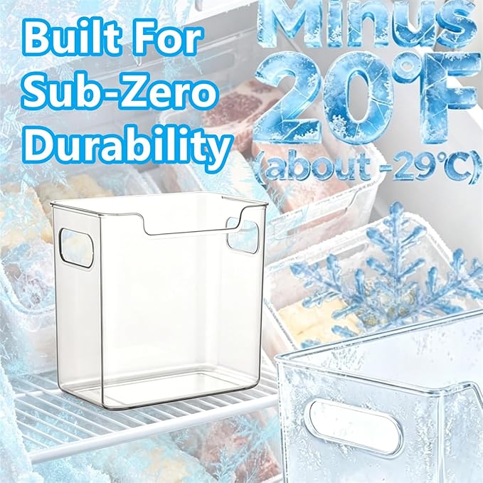 Clear Crystal Freezer Storage Bins - S/L Plastic Storage Bins for Refrigerator and Pantry, Stackable Kitchen Cabinet Organizer with Handles for Frozen Food, Meat & Veggies (6PCS L)