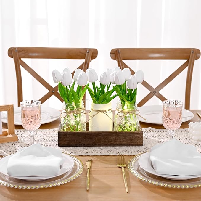BLEUM CADE Mason Jar Centerpiece Table Decorations, Mason Jar Lights Centerpiece for Kitchen Dining Table Farmhouse Coffee Table Wedding Home Decor with 3 Jars Tulips Artificial Flowers & Wood Tray