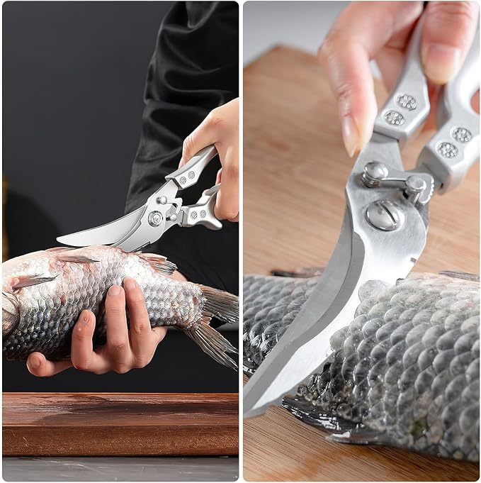 ZICOLU Poultry Shears Heavy Duty Professional, Multipurpose Kitchen Shears with Sheath, Spring-Loaded Stainless Steel Chef Scissors Cutting Bone, Chicken, Fish, Food, Meat, Full Steel Handle Brown