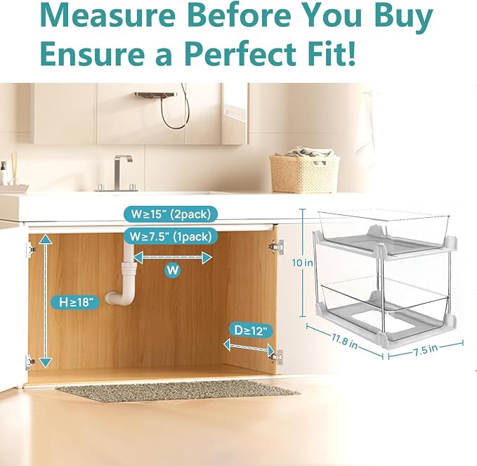 2 Pack Bathroom Organizer,2 Tier White Under Sink Organizers Vanity Countertop Storage Container,Cabinet Drawers Bins, Pull-Out Organization with Track for Pantry, Kitchen