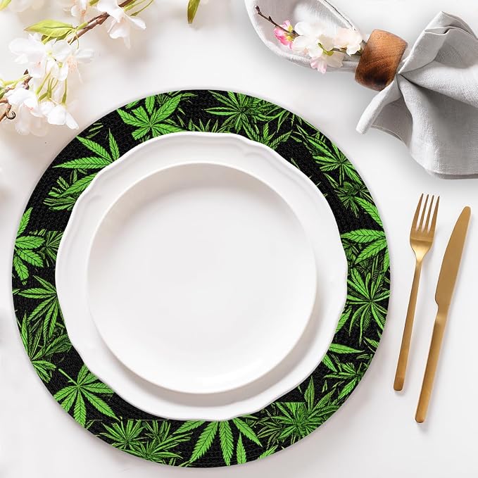Round Placemats Set of 6, Green Marijuana Leaves Triangle Woven Placemats Mats Non-Slip Heat Resistant Washable Table Mats Round Braided Place for Farmhouse Kitchen Dining Party Decor 15in