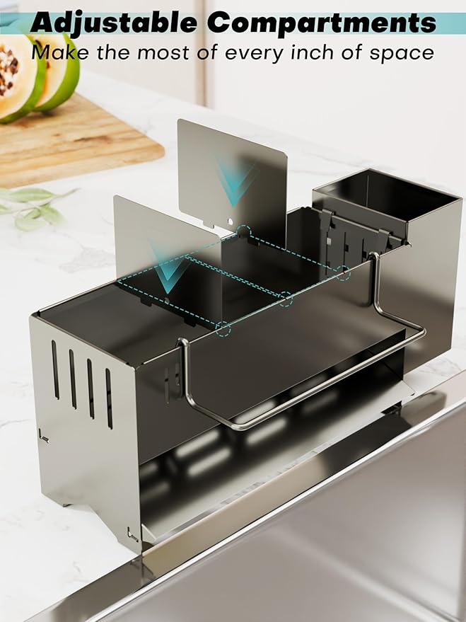 Kitchen Sink Caddy Organizer, Sponge Holder for Kitchen Sink with Upgraded Extra-Wide Drain Board, Efficient Drainage, Stainless Steel with Rust-Resistant Coating