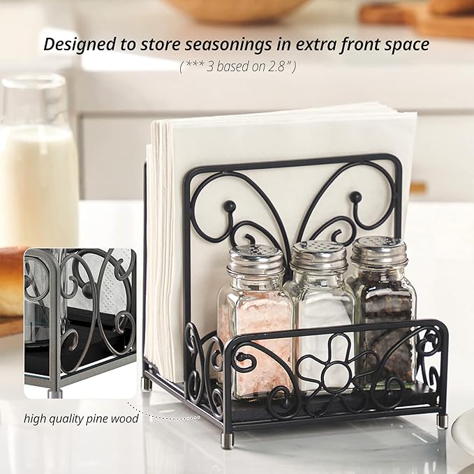 Napkin Holder – Metal Napkin Storage with Salt and Pepper Caddy (Shakers Not Included), Modern Napkin Dispenser for Table or Kitchen Countertop, Servilletero for Farmhouse Décor