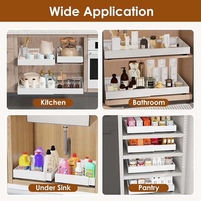 1 Pack Expandable Pull Out Cabinet Organizer 16.5" Deep, Adjustable Width 12.6"-20.5", No Drill Adhesive with Triple Track Rails, Heavy Duty Slide Out Drawers for Kitchen,Pantry,Cabinets,White