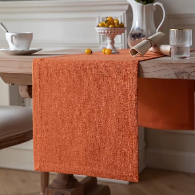 ZeeMart Burlap Style Farmhouse Table Runners 108 Inches Long, Burnt Orange Rustic Woven Dining Fall Table Runner for Everyday Use, 14x108 Inches, Harvest Pumpkin
