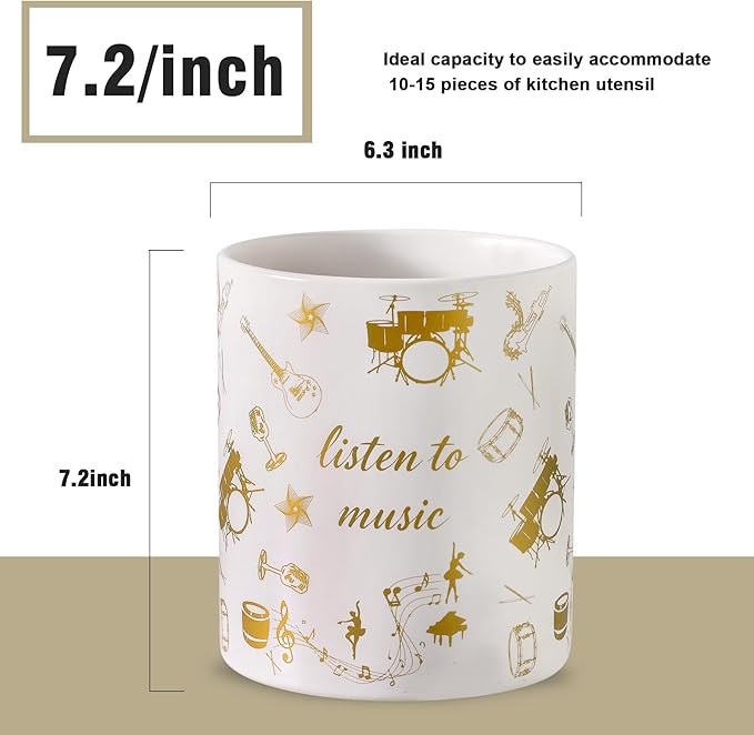 7" Music Utensil Holder, Large Kitchen Utensil Holder Organizer , White Stable Utensil Crock Spatula Holder for Kitchen Counter Countertop Farmhouse Cooking Tools Holder