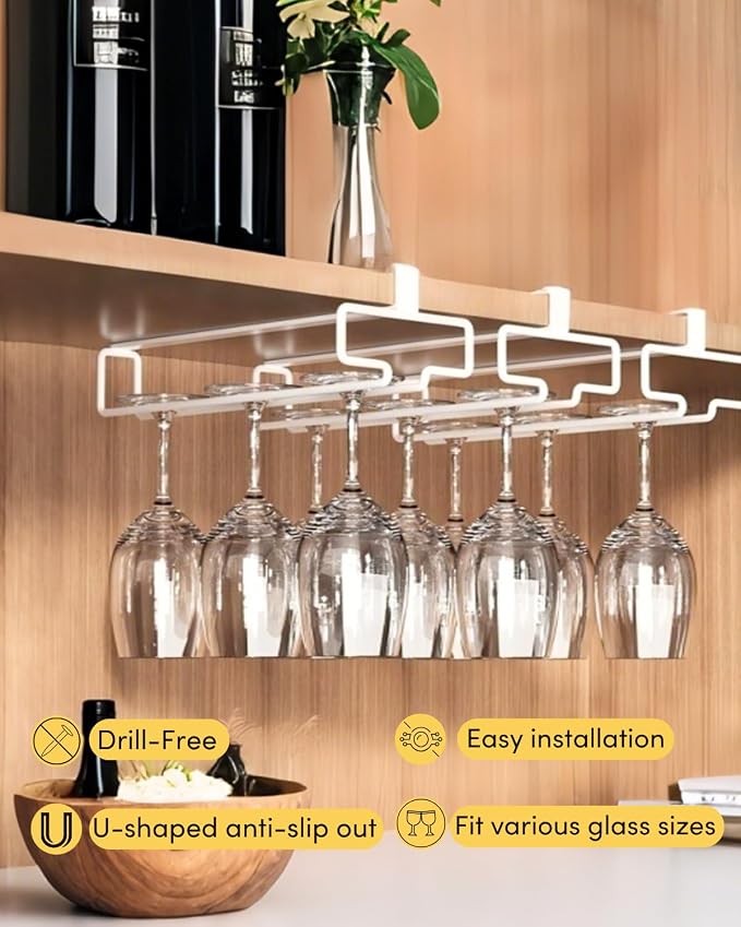 LINFIDITE 2 Pack Wine Glass Holder Stemware Rack Hanger Under Cabinet Wine Glass Rack Kitchen Hanging Storage Rack Organizer,White(For Partition Thickness under 0.98")