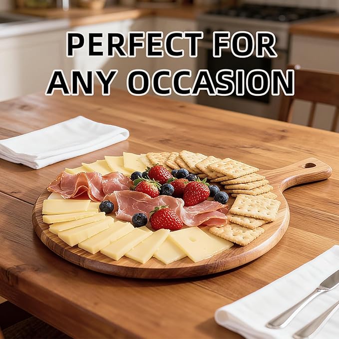 Acacia Wood Pizza Board with Handle, Multi-Purpose Cutting & Charcuterie Board,Wooden Serving Board for Parties, Kitchen Appliances,Pizza Paddle,Gift for Housewarming, Wedding, Holidays