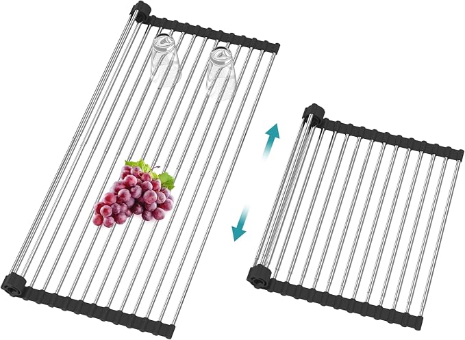Extra Large Expandable Roll Up Dish Drying Rack,Over The Sink Drying Rack Sink Cover Kitchen Sink Accessories Kitchen Rolling up Stainless Steel Drainer, Foldable,Rollable（Black，22.8''-12.4''）