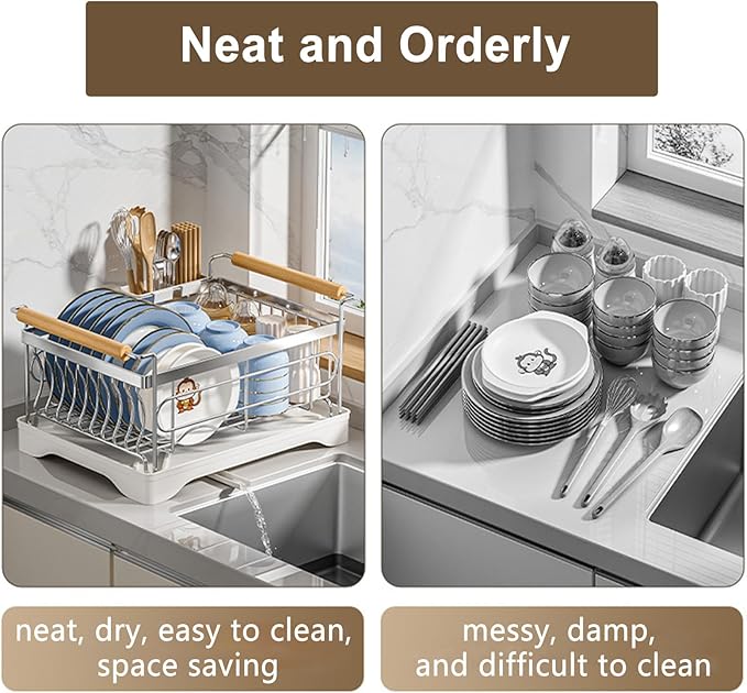 Stainless Steel Dish Drying Rack,304 Grade Rustproof Dish Rack for Kitchen Counter with Drain Board & Detachable Holder (Large:16.5 * 11.8 * 8.8inch)