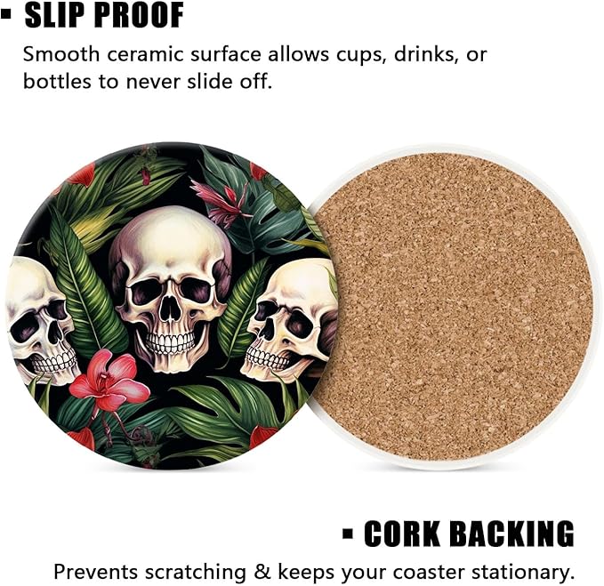 Tropical Plants Flower Floral Skull Multicolor Set of 4 Ceramic Coasters with Holder,Absorbent Drink Bar Coasters,Table Coasters