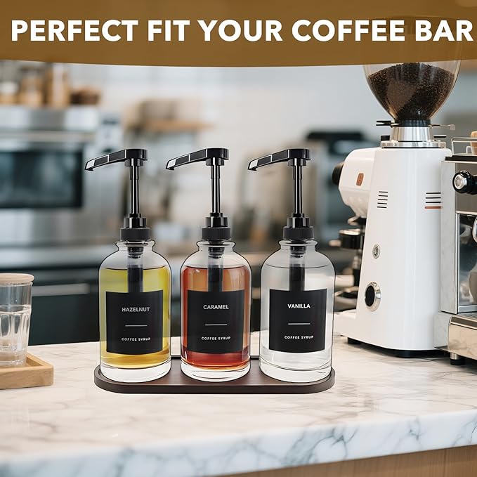 Coffee Syrup Dispenser for Coffee Bar, Glass Syrup Bottle with 1/4 oz Large Capacity Pump, Syrup Pump Dispenser with Pump for Coffee Station, Black with Tray,16.9oz, Set of 3