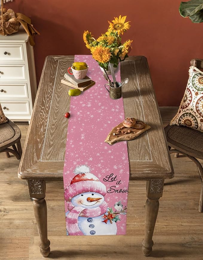 Snowman Christmas Table Runner - 70 Inch Long, Pink Xmas Winter Snowflake Dining Table Runner Dresser Scarves, Rustic Let Snow Bird Christmas Decor for Coffee Table Wedding Party Banquet, 13x70 in