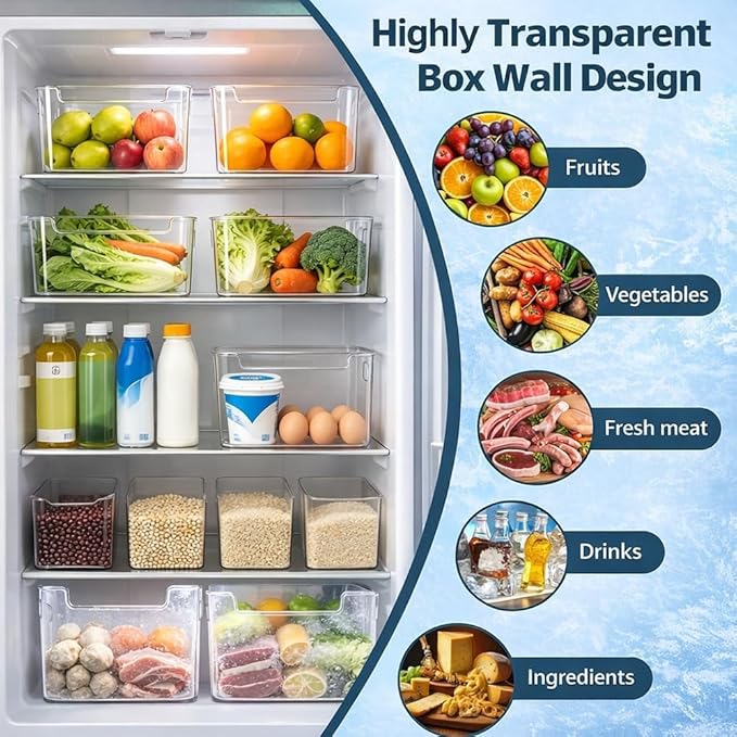 Crystal Clear Freezer Storage Bins, Clear Plastic Storage Bins for Pantry Organizers and Storage, Kitchen Stackable Containers with Handle for Refrigerator, Fridge, Cabinet (2, L)