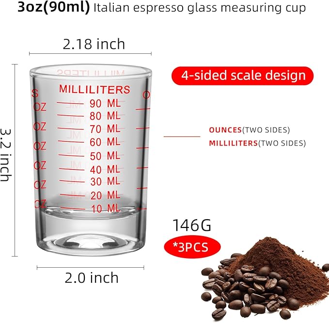 3Pcs Shot Glass Measuring Cup 3 Ounce/90ML Liquid Heavy High Espresso Glass Cup Black Line Espresso Shot Glasses with Measurement (3, Red scale)
