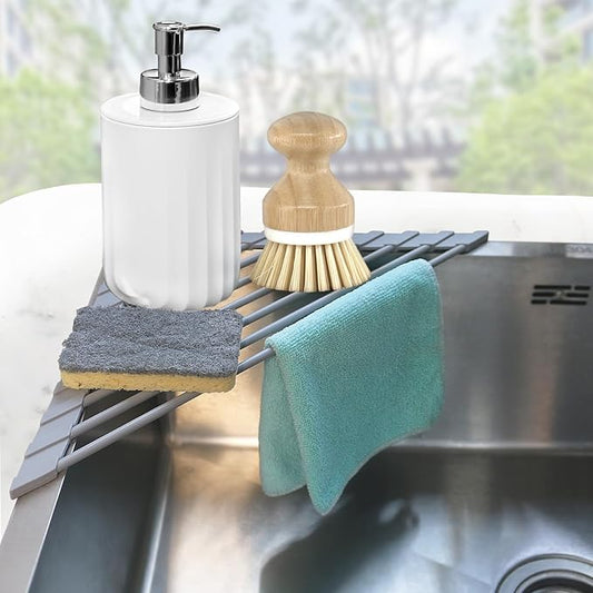 Corner Sink Caddy Kitchen Sink Organizer, Silicone Wrapped Triangle Roll Up Dish Drying Rack Over Sink Drainer Mat, Anti-Slip Sponge Holder Corner Shelf for RV Kitchen Sink Accessories Counter Storage