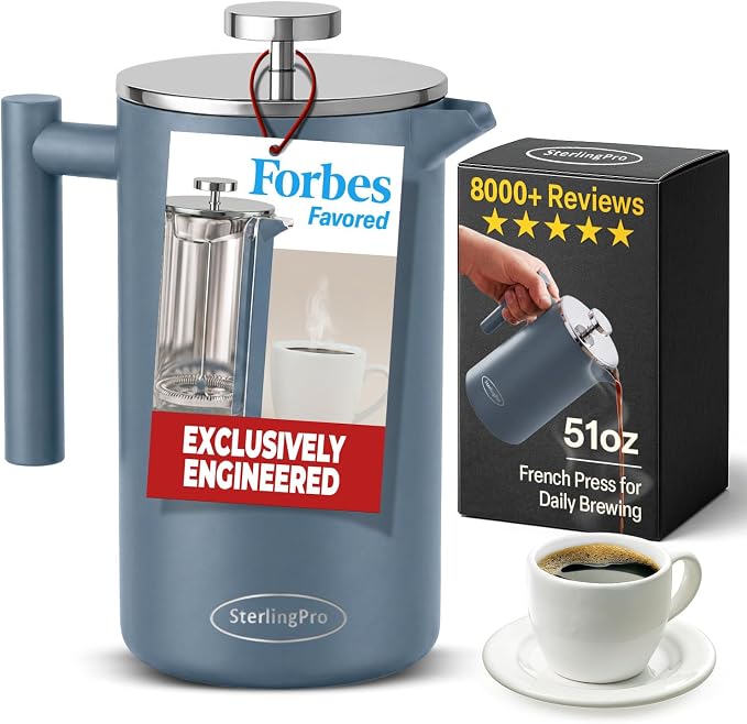 SterlingPro Non-Toxic Large Insulated Stainless Steel French Press Coffee Maker 51oz Capacity (44 oz Brew Yield) – Double Wall Metal Coffee Press | Cool-Touch | Blue Finish | 12 Cups / 6 Mugs