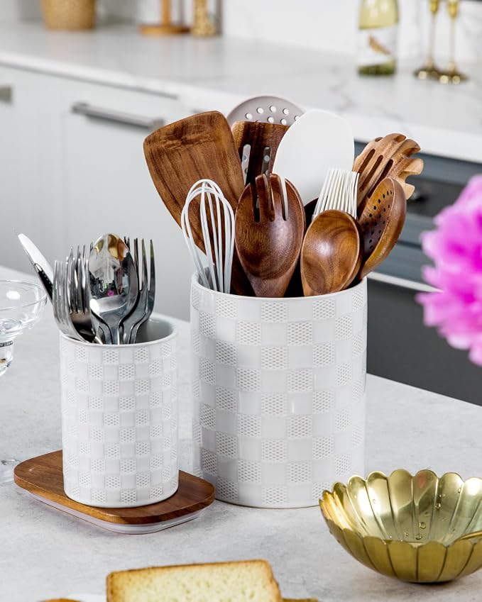 Nucookery Utensil Holder for Kitchen Counter, White Large Stable Ceramic Cooking Utensil Crock for Countertop Organizer, Farmhouse Decor, Set of 2, 7.1"&5.4", Christmas Thanksgiving Gift, Checkered