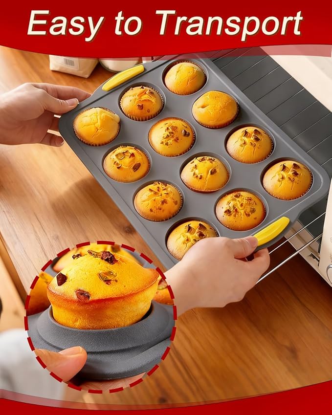 12-Cups Foldable Silicone Muffin Pan with Metal Reinforced Frame - Non-Stick Heat-Resistant Baking Mold for Muffins, Cupcakes, Mini Treats - Easy Storage Silicone Baking Pan, 7-Piece Baking Set