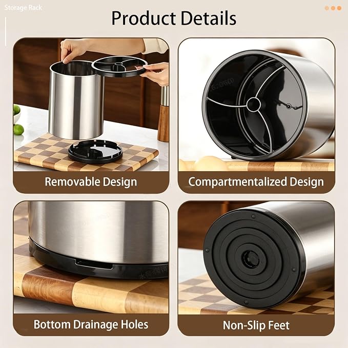 360° Rotating Kitchen Utensil Holder For Countertop,Large Utensils Crock Stainless Steel,Stable Cooking Utensil Holder With 3 Compartment,Drainage Non-Slip For Spatulas,Spoons(Gray)