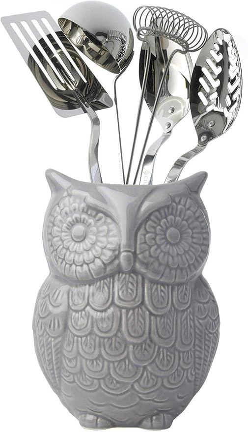 Comfify Owl Utensil Holder Decorative Ceramic Cookware Crock & Organizer, in Lovely Grey Color - Utensil Caddy and Perfect Kitchen Ceramic Decor Gift - 5" L x 7" H x 4" W