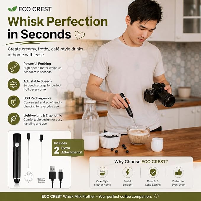 ECO CREST-Premium Whisk Milk Frother – Handheld Electric Coffee Frother with Adjustable Speed | ABS + Stainless Steel Build, 1200mAh Rechargeable Battery