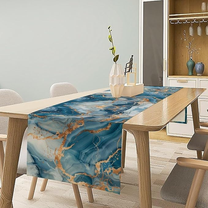 Marble Table Runner, Abstract Gold and Blue Modern Luxury Texture Pattern Printed Linen Table Runners for Kitchen Living Room Farmhouse Dining Room Party Holiday Home Decor 13" W x 108" L