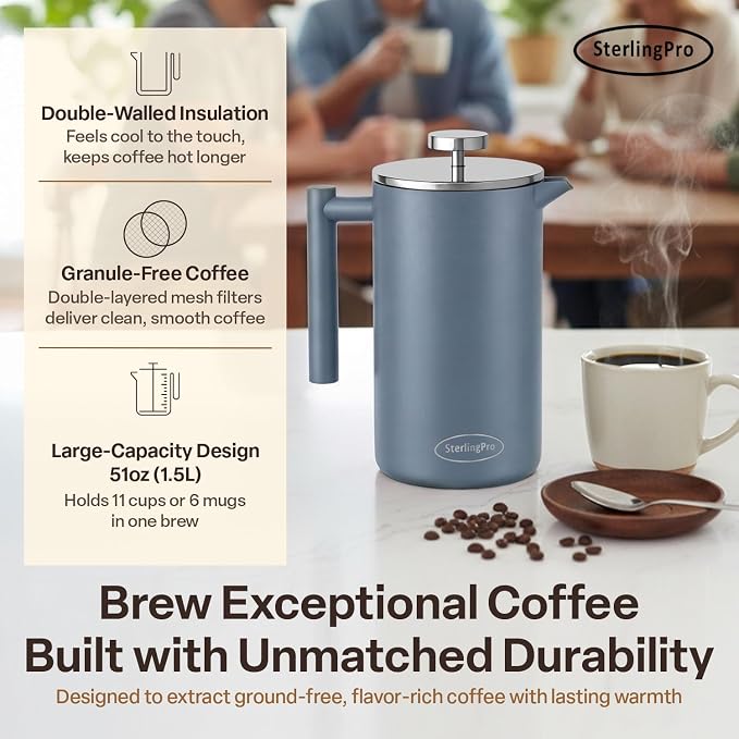 SterlingPro Non-Toxic Large Insulated Stainless Steel French Press Coffee Maker 51oz Capacity (44 oz Brew Yield) – Double Wall Metal Coffee Press | Cool-Touch | Blue Finish | 12 Cups / 6 Mugs