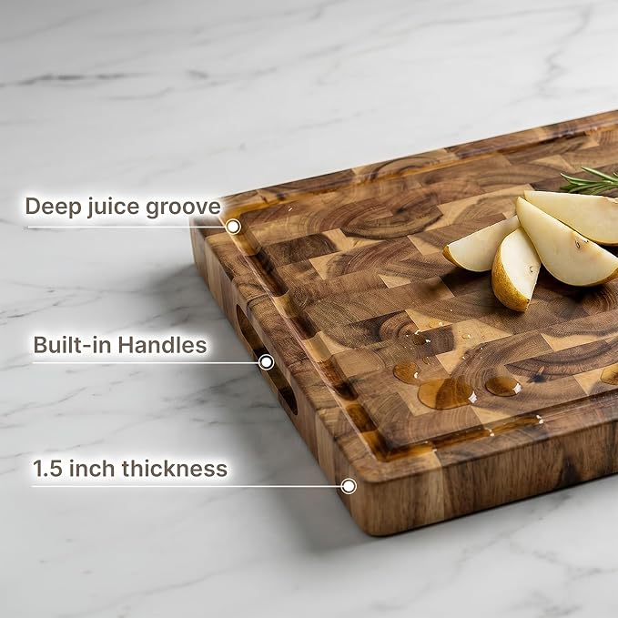Koppen Acacia Wood End Grain Cutting Board, Knife-Friendly Butcher Block with Juice Groove, Inner Handles, Food Well, Reversible Heavy-Duty Serving & Chopping Board, Gift Box Included, 17 x 13 x 1.5in