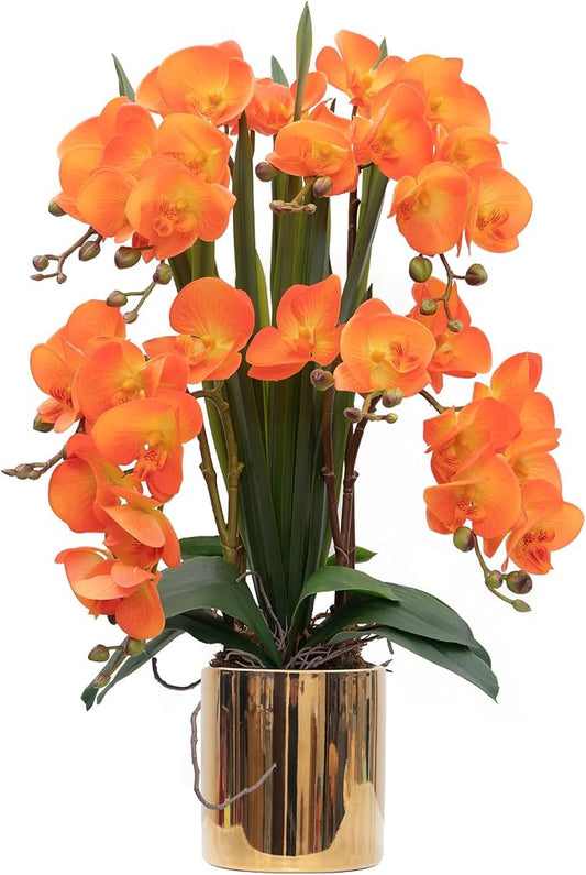 CXGS Artificial Orchid Flower Plants Real Touch Faux Orchids in Ceramic Vase 20.9'' Orange Phalaenopsis Orchid Fake Flower Arrangement Home Indoor Decor