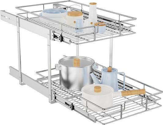 LOVMOR Individual Pull Out Cabinet Organizer, 2 Tier Slide Out Cabinet Drawers, Pots and Pans Organizer and Storage Pantry Shelf for Kitchen (14½" W x 21½" D)