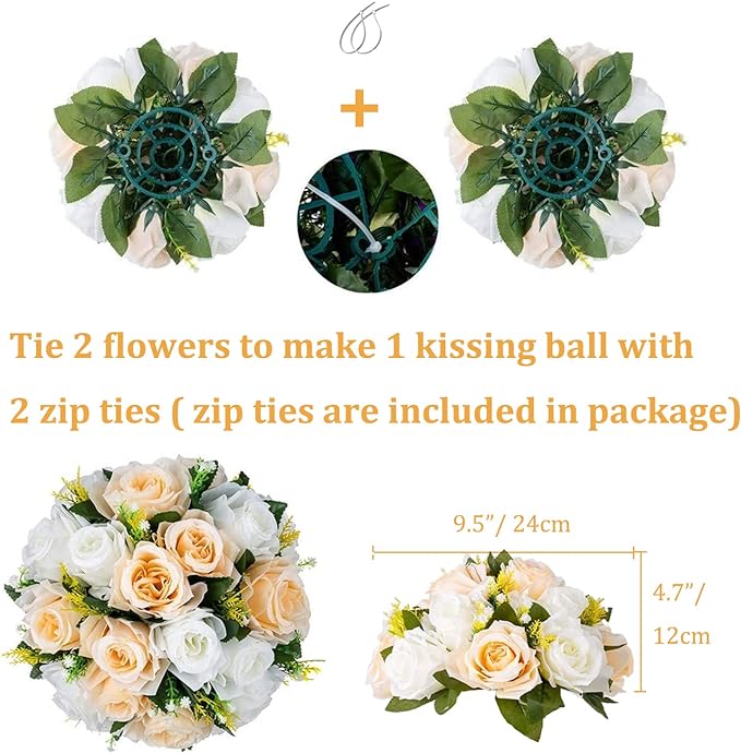 Flower Balls Wedding Rose Centerpieces: 10pcs Fake Flowers Decor for Table | Artificial Champagne White Kissing Balls Floral Arrangements - Faux Flower Bouquet with Base Home Party DIY Decorations