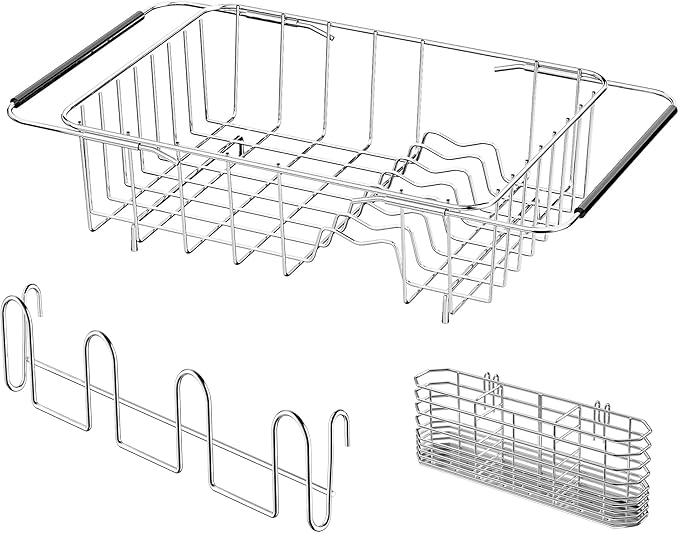 NiuYichee Stainless Steel Dish Drying Rack(15" L X 11" W X 4.1" H), Expandable Drain Rack Over Sink, Dish Drainer Rack in Sink, with Stainless Steel Utensil Holder & 4 Hooks Cup Hanger