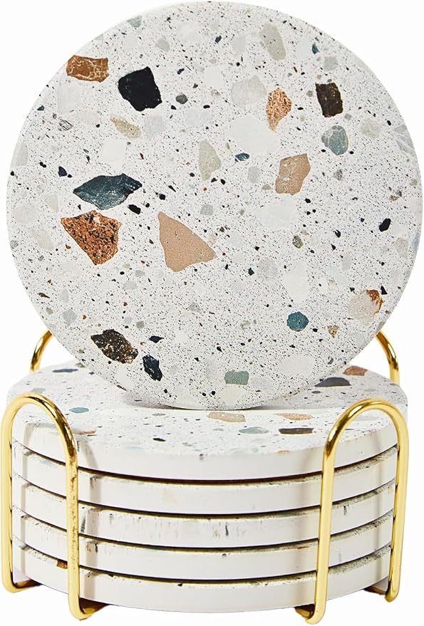 Terrazzo Coasters Set of 6, Ceramic Absorbent Drink Coasters, Cute Mid Century Boho Coaster, Coffee Table Desk Decor, Colorful Stone Coaster for Drinks