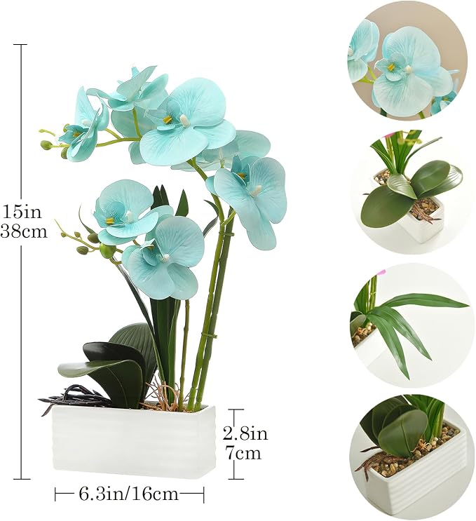 Artificial Real Touch Orchid Flowers in Pot Fake Phalaenopsis Flower with White Ceramic Vase Faux Orchids Arrangement for Home Table Office Wedding Party Decoration (Golden Blue)
