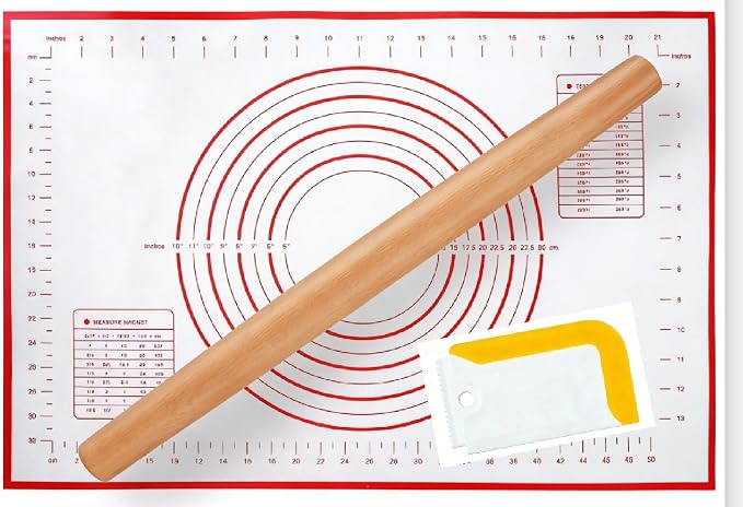 3-Piece Set,French Wooden Rolling Pin,Silicone Baking Mat,Dough scraper | 16 Inches Beechwood rolling pin,Dough Roller for Cookie,Fondant,Pizza Pie Crust, Pastry,