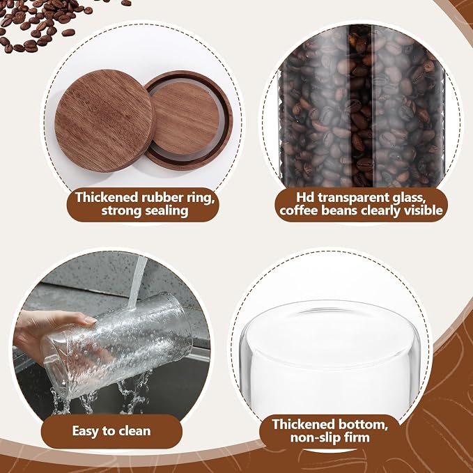 Suclain Glass Coffee Grounds Container with Shelf 2 x 44 oz Glass Coffee Bean Storage Canisters with Airtight Thread Lid and Measuring Spoon Food Storage Jars for Kitchen Sugar(Clear Style)