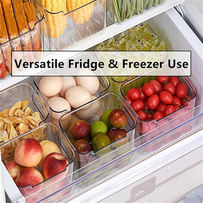 Clear Crystal Freezer Storage Bins - S/L Plastic Storage Bins for Refrigerator and Pantry, Stackable Kitchen Cabinet Organizer with Handles for Frozen Food, Meat & Veggies (2PCS S)