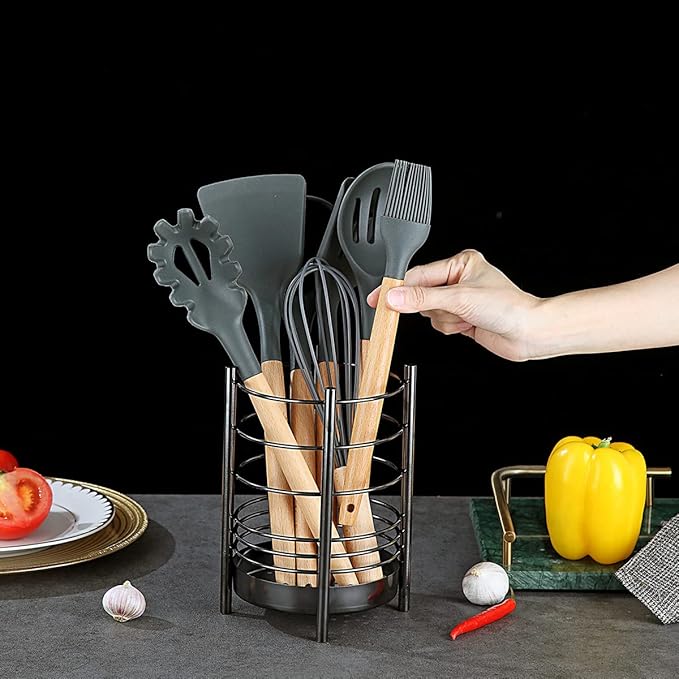 Black Kitchen Utensil Holder for Kitchen Counter, Stainless Steel Utensil Crocks, Black Titanium Coating Utensil Storage Caddy Organizer, Cooking Utensil Holder, Easy Cleaning (Black/7.4''x5.2'')