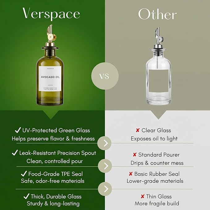 Verspace UV-Protected Green Glass Olive Oil Dispenser Bottles For Kitchen - 2 Pack - 17oz Includes 40 Kitchen Essential Labels, Avocado Oil Dispenser Set, Modern Decor for Home, Airbnb, Cafe