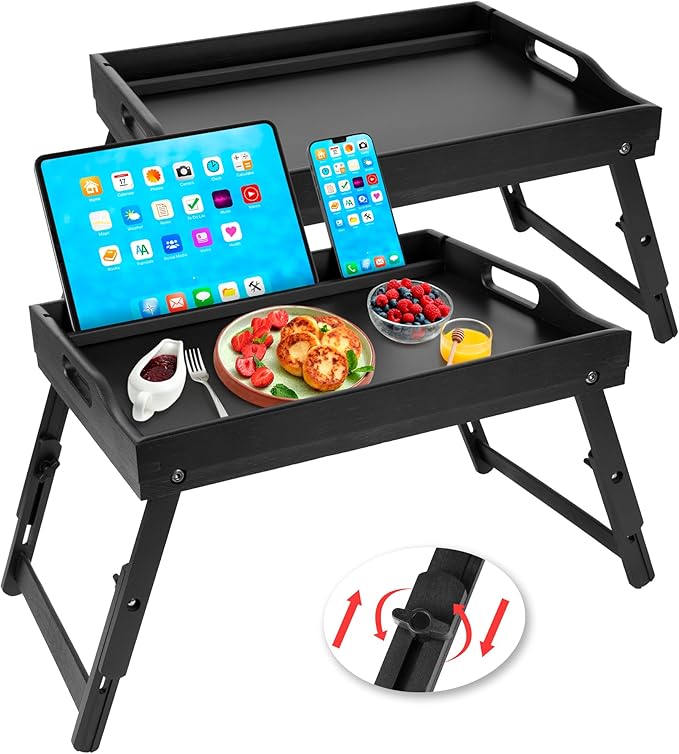 Greenual 2 Pack Bed Tray Table with Handles Folding Legs, Bamboo Breakfast Food Tray with Media Slot, Use As Platter, Laptop Desk, Snack, TV Tray Kitchen Serving Tray(Black)