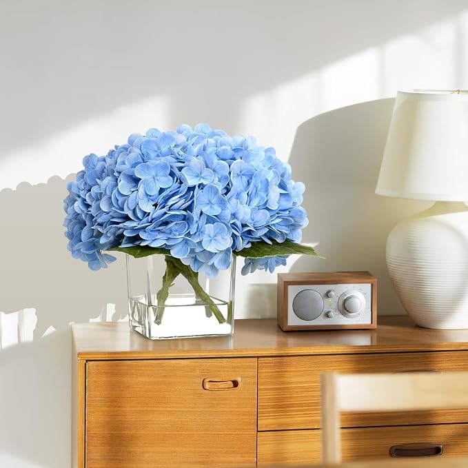 BLEUM CADE Luxury PU Fake Flowers in Vase with Faux Water, Blue Real Touch Hydrangea Artificial Flowers with Glass Vase for Office Home Dining Room Centerpiece Table Decorations