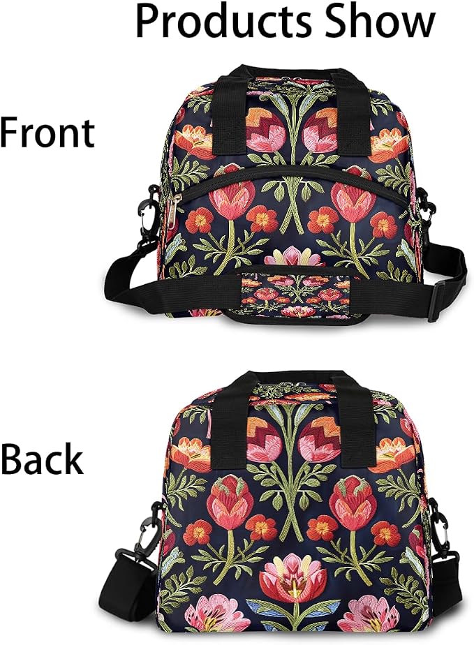 Pardick Red Flower Floral Insulated Lunch Bag for Women Girl Reusable Lunch Tote Box With Shoulder Strap Lightweight Thermal Cooler Meal Prep Bag for Work School Office Picnic