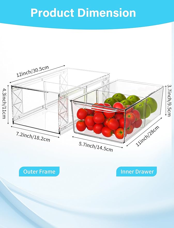 6 Pack Stackable Storage Drawers,Clear Fridge Organizer with Handles and Movable Dividers,Pull-Out Acrylic Drawer Organizer for Pantry, Bathroom,Kitchen Undersink,Cabinet